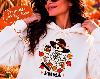 Personalized Skeleton Coffee Halloween Shirt, Spooky Season Fall Tee, Witch Hat Running Skeleton Graphic
