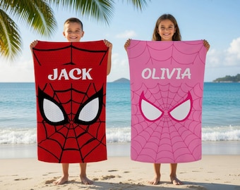 Custom Superhero Spiderman Name Towel, Beach Swim Pool Play, Vibrant Sandfree Wrap, Birthday Vacation Holiday Cloth, Kids Boys Girls Gift
