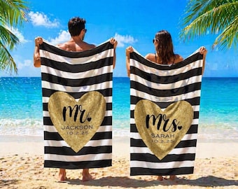 Gepersonaliseerde meneer en mevrouw strandlaken, gestreept huwelijksreislinnen voor stelletjes