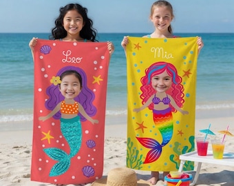 Personalized Mermaid Photo Beach Towel, Custom Face Towel, Summer Pool Accessory