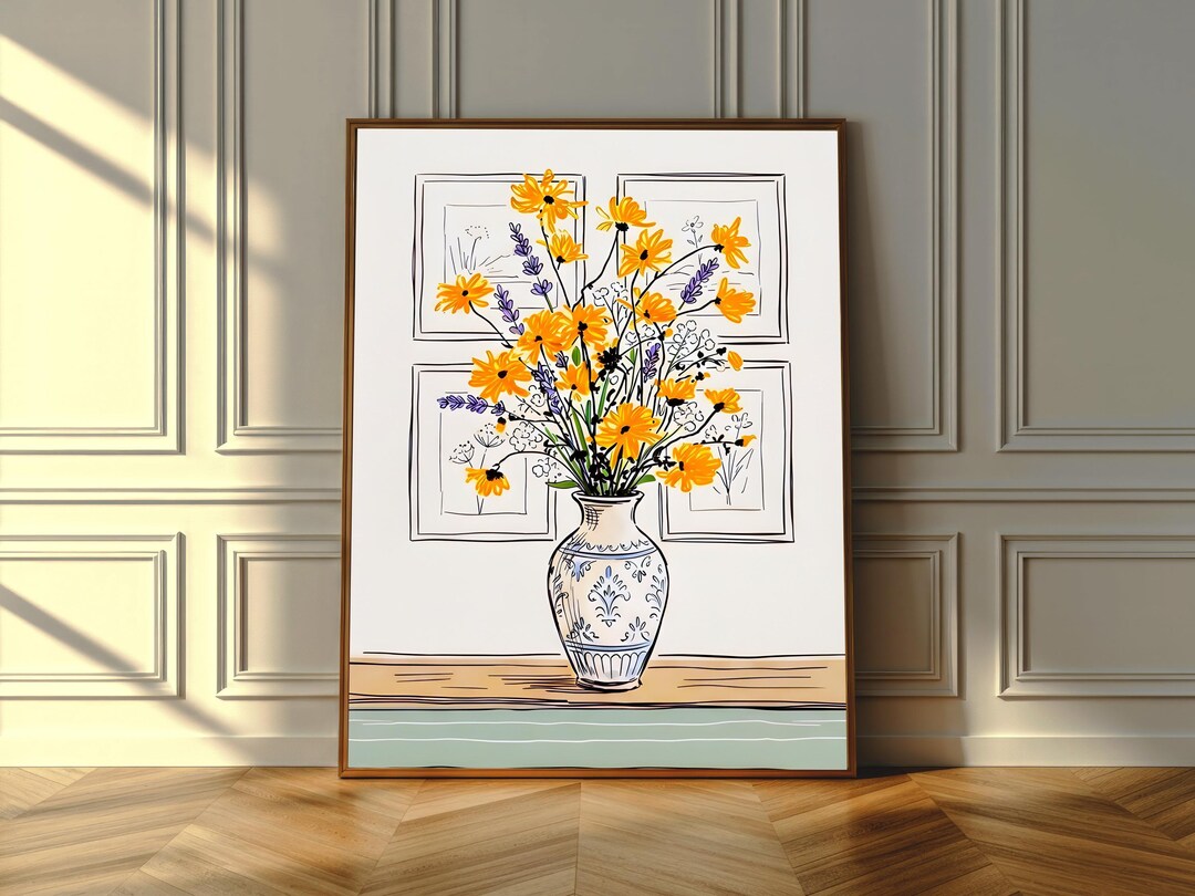 Botanical Wall Art Yellow Floral Print Vase Flower Poster Modern ...