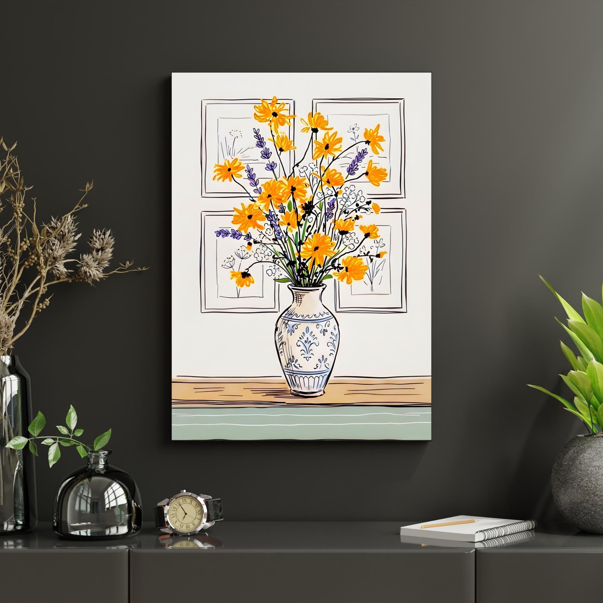 Botanical Wall Art Yellow Floral Print Vase Flower Poster Modern ...