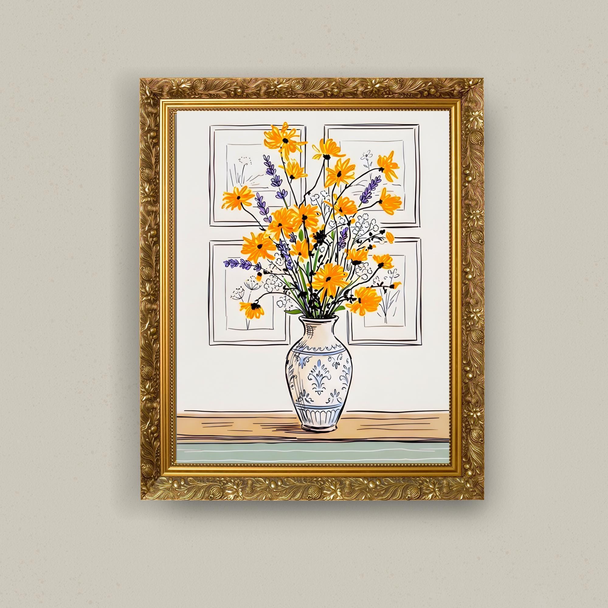 Botanical Wall Art Yellow Floral Print Vase Flower Poster Modern ...