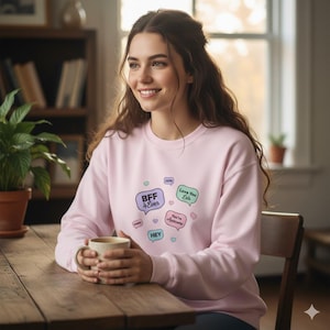 May include: A light pink sweatshirt with speech bubble graphics that say "BFF 4 Ever", "Love You Lots", "You're Awesome", "Hey", and "Cute". The sweatshirt is a crew neck style and is made of a soft material.