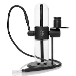 May include: A contemporary hookah with a black frame and transparent glass elements. The hookah has a cylindrical shape with a curved hose and mouthpiece. The base is circular, and the design includes a logo.