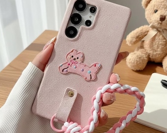 Shockproof Cartoon Phone Case with Wrist Strap Durable PU Leather Cover for Samsung Galaxy