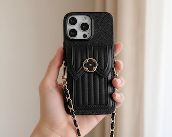 Quilted PU Leather iPhone Wallet Case – Crossbody Chain, Card Holder