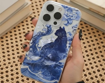 Blue Totem Cat iPhone Case, Feather Chiffon Texture, Full Coverage Protection