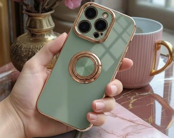 iPhone Case with Magnetic Finger Ring & Metal Stand, Shockproof Plated Design