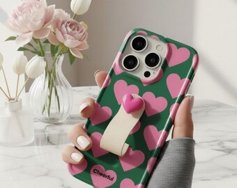 3D Heart Ring Strap Phone Case – Pink Green Love Bumper for iPhone Pro Max