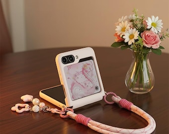Korean Style Flip Phone Case with Star Charm, Galaxy Z Flip Lanyard Holder