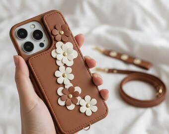 Floral Wallet Phone Case, Crossbody Strap, Card Holder for iPhone Models