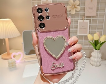 Pink Glitter Heart Mirror Phone Case with Wrist Strap (Samsung Galaxy)