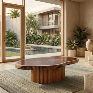 May include: An oval coffee table featuring a natural live-edge wood slab top with a dark brown finish and a cylindrical base constructed from vertical wooden slats. The table sits on a textured area rug in a room with large glass doors and plants.