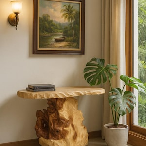 May include: A console table featuring a natural live-edge wooden top supported by a large, carved, light and medium-toned wood base with a textured, organic shape. Two dark books rest on the surface, positioned below a framed landscape painting.