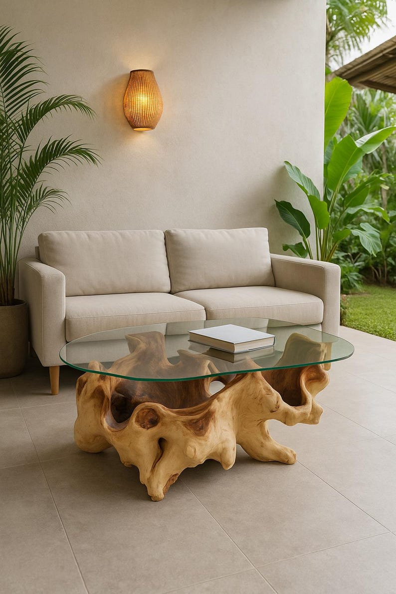 Organic Teak Root Coffee Table With Tempered Glass Top - Etsy