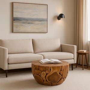 May include: A living room scene featuring a beige sofa, a round wooden coffee table with a unique, textured design, and a framed landscape painting. A small wooden side table and a wall-mounted black lamp are also visible.