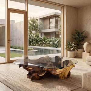 May include: A coffee table featuring a thick, irregular piece of natural dark brown wood as a base, topped with a clear, organic-shaped glass surface. The wood base displays intricate grain patterns and deep, sculpted curves throughout its structure.