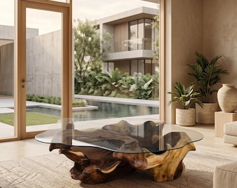 Op de afbeelding: Een salontafel met een dikke, onregelmatige basis van natuurlijk donkerbruin hout, afgewerkt met een helder, organisch gevormd glazen blad. De houten basis vertoont ingewikkelde houtnerven en diepe, gebeeldhouwde rondingen in de structuur.