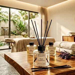 May include: A spa-like setting with a wooden table featuring a Wick & Willow Ritz Carlton diffuser, reed sticks, and two additional bottles. A stack of folded towels, a bowl of stones, and a sprig of lavender are also on the table. The background includes a massage table and a large window.