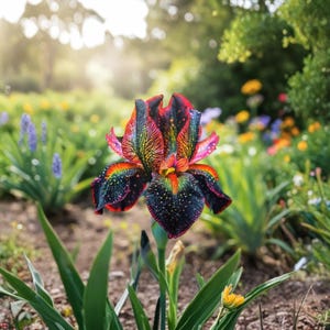 May include: A close-up of a vibrant iris flower with a striking color palette. The petals display a mix of black, red, yellow, and green hues, speckled with white dots. The flower is set against a blurred garden background with green foliage and other colorful flowers.