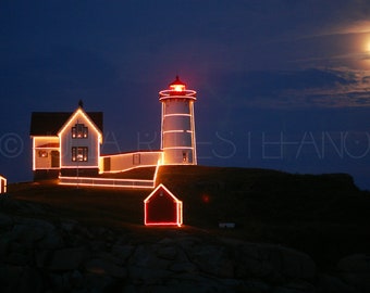 Nubble Lighthouse, York, Maine, New England, Moon, Ocean, Night, Photography, Home Decor, Wall Decor, Shop Small, Holiday, Christmas, Gift