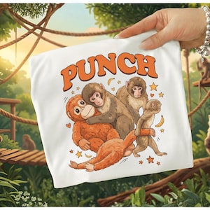 Puede incluir: Camiseta blanca con la palabra "PUNCH" en naranja y una ilustración de dibujos animados de monos. El diseño incluye estrellas y plátanos. Los monos están en varias poses.