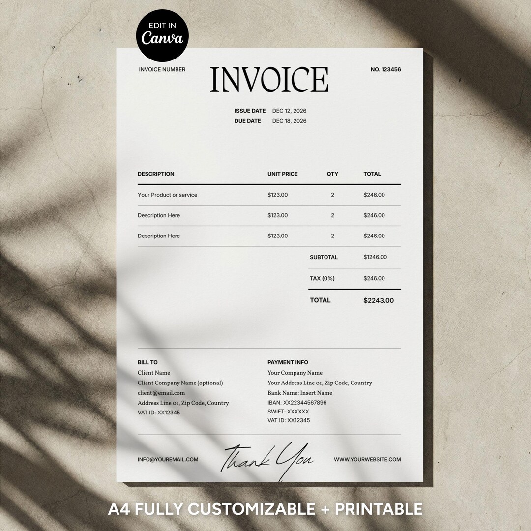 Invoice Template Editable Canva A4 for Small Business Freelancers ...