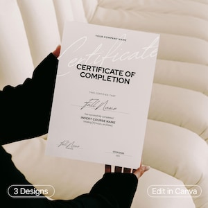 May include: A white certificate with the text "Certificate of Completion" and "Your Company Name". The certificate includes fields for a name, course name, and date. The bottom left corner says "3 Designs" and the bottom right corner says "Edit in Canva".