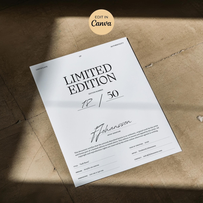 Pode incluir: Um certificado branco com o texto "LIMITED EDITION" e o n&uacute;mero da edi&ccedil;&atilde;o 18/50. O certificado inclui a assinatura do artista e detalhes sobre a obra de arte, incluindo dimens&otilde;es de 150 cm x 140 cm.