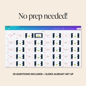 Puede incluir: Plantilla de presentaci&oacute;n digital con fondo rosa claro y el texto "No prep needed!". La presentaci&oacute;n incluye 30 preguntas y diapositivas preestablecidas. El t&iacute;tulo de la presentaci&oacute;n es "What did the groom say?"
