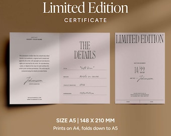 Limited Edition Certificate of Authenticity Template Editable Canva A5 Printable COA Instant Download
