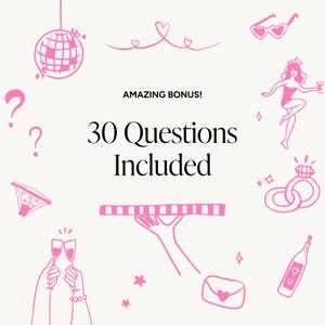 Puede incluir: Ilustraci&oacute;n de arte lineal rosa sobre un fondo crema. La imagen incluye una bola de discoteca, signos de interrogaci&oacute;n, corazones, una mujer, gafas de sol, anillos, copas de champ&aacute;n, una botella y el texto "AMAZING BONUS! 30 Questions Included."