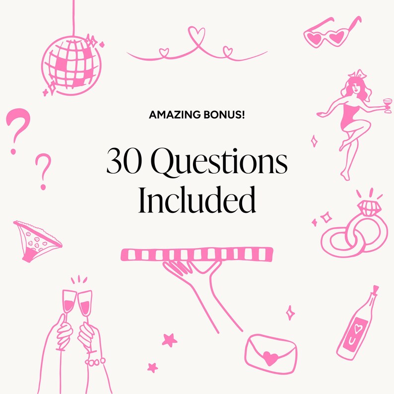 Puede incluir: Ilustraci&oacute;n de arte lineal rosa sobre un fondo crema. La imagen incluye una bola de discoteca, signos de interrogaci&oacute;n, corazones, una mujer, gafas de sol, anillos, copas de champ&aacute;n, una botella y el texto "AMAZING BONUS! 30 Questions Included."