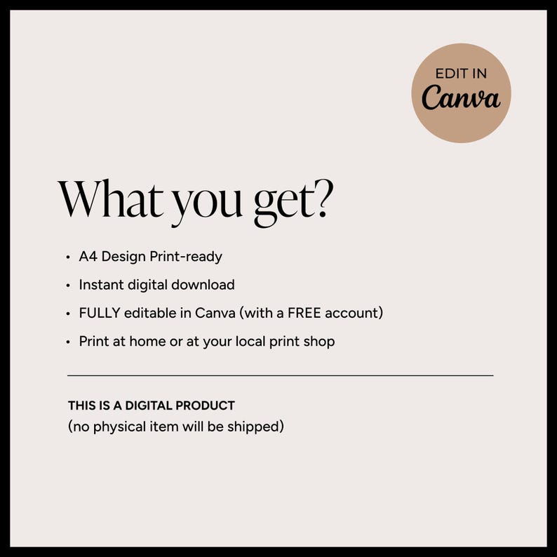 May include: Cream-colored digital product advertisement with the text "What you get?" followed by a list of features, including A4 design print-ready and instant digital download. A circular logo in the upper right corner reads "Edit in Canva".