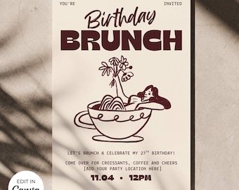 Birthday Brunch Invitation Template Editable Canva Printable Invite Mobile Invitation Instant Digital Download