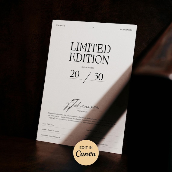 Limited Edition Certificate of Authenticity Template Editable Canva A4 Printable COA Instant Download