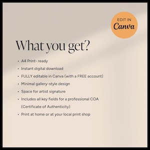 Pode incluir: An&uacute;ncio de impress&atilde;o de arte digital com o texto "What you get?" e uma lista de recursos, incluindo A4 pronto para impress&atilde;o e download instant&acirc;neo. A imagem tem um fundo bege com um c&iacute;rculo laranja "Edit in Canva".