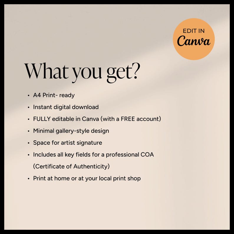 Pode incluir: An&uacute;ncio de impress&atilde;o de arte digital com o texto "What you get?" e uma lista de recursos, incluindo A4 pronto para impress&atilde;o e download instant&acirc;neo. A imagem tem um fundo bege com um c&iacute;rculo laranja "Edit in Canva".