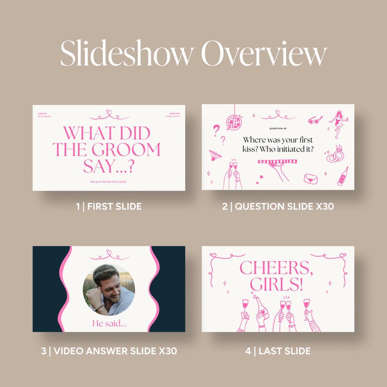 Puede incluir: Una descripci&oacute;n general de la presentaci&oacute;n de diapositivas con cuatro diapositivas. La primera diapositiva dice "WHAT DID THE GROOM SAY...?" en rosa. La segunda diapositiva pregunta "&iquest;D&oacute;nde fue tu primer beso? &iquest;Qui&eacute;n lo inici&oacute;?" La tercera diapositiva tiene una foto y dice "He said..." La &uacute;ltima diapositiva dice "CHEERS, GIRLS!"