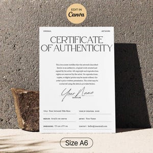 May include: A white Certificate of Authenticity with black text, including the title, "CERTIFICATE OF AUTHENTICITY." The document includes fields for the artwork title, year of creation, medium, artist, dimensions, and contact information. The size is A6.