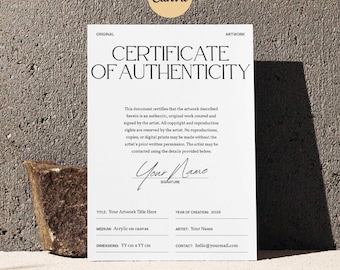 Certificate of Authenticity Template Editable Canva A6 Printable COA for Artists Instant Digital Download