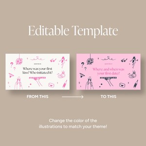 Puede incluir: Una imagen que muestra una comparaci&oacute;n de antes y despu&eacute;s de una plantilla editable en rosa y blanco. La plantilla presenta ilustraciones de una bola de discoteca, copas de champ&aacute;n y un anillo. El texto incluye "&iquest;D&oacute;nde fue tu primer beso? &iquest;Qui&eacute;n lo inici&oacute;?" y "&iquest;D&oacute;nde y cu&aacute;ndo fue tu primera cita?"