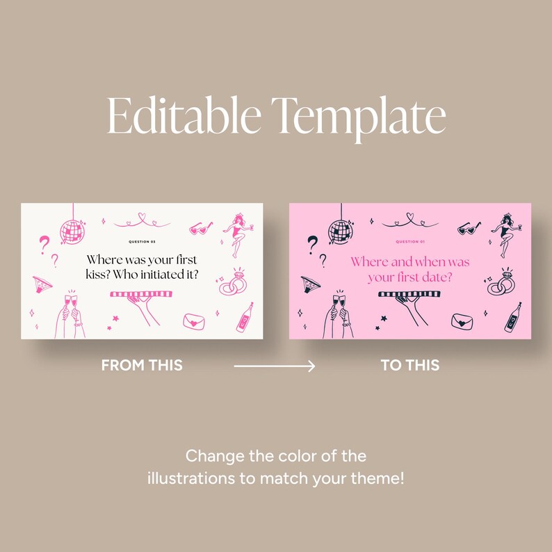 Puede incluir: Una imagen que muestra una comparaci&oacute;n de antes y despu&eacute;s de una plantilla editable en rosa y blanco. La plantilla presenta ilustraciones de una bola de discoteca, copas de champ&aacute;n y un anillo. El texto incluye "&iquest;D&oacute;nde fue tu primer beso? &iquest;Qui&eacute;n lo inici&oacute;?" y "&iquest;D&oacute;nde y cu&aacute;ndo fue tu primera cita?"