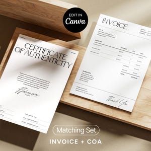 May include: A matching set of printable documents, including an invoice and a certificate of authenticity, displayed on a wooden surface. The invoice has a "Thank You" message. The certificate of authenticity has the text "Certificate of Authenticity".