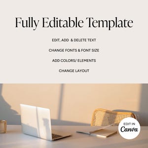 May include: A laptop, notebooks, and a woven chair are on a white desk. The image includes the text "Fully Editable Template" and details about editing options: "Edit, Add & Delete Text", "Change Fonts & Font Size", "Add Colors/ Elements", and "Change Layout". The Canva logo is also visible.