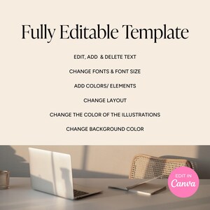 Puede incluir: Un ordenador port&aacute;til, cuadernos y una silla est&aacute;n sobre un escritorio blanco. La imagen tiene texto que dice "Plantilla totalmente editable" y enumera caracter&iacute;sticas como editar texto, cambiar fuentes, agregar colores y cambiar el dise&ntilde;o. La imagen tambi&eacute;n dice "Editar en Canva".