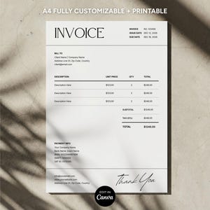 Pode incluir: Modelo de fatura A4 totalmente personalizável e imprimível. A fatura é branca com texto preto, incluindo campos para detalhes do cliente, descrições de itens, preços unitários e totais. O texto "Thank You" está escrito em itálico. Editar no Canva.