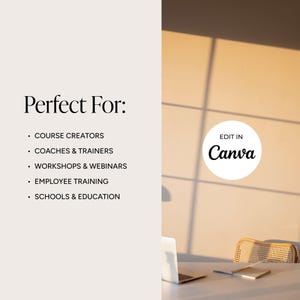May include: A light beige background with the text "Perfect For:" followed by a list of uses. A laptop, notebook, and chair are visible on a white desk. The image also includes the text "Edit in Canva".