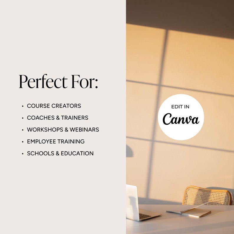 May include: A light beige background with the text "Perfect For:" followed by a list of uses. A laptop, notebook, and chair are visible on a white desk. The image also includes the text "Edit in Canva".